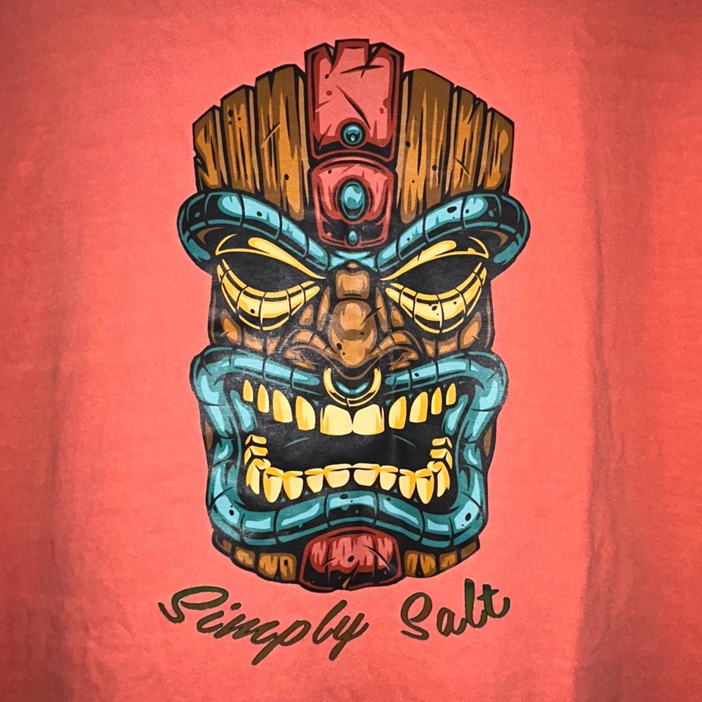 Simply Salt Shirt Co Tiki Mask Graphic Pocket T-Shirt Comfort Colors Coral 2XL